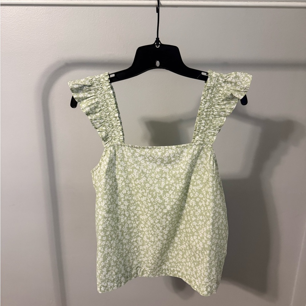 JCrew NWOT Women’s Light Green Floral Ruffle Strap Tank Top, Size Small